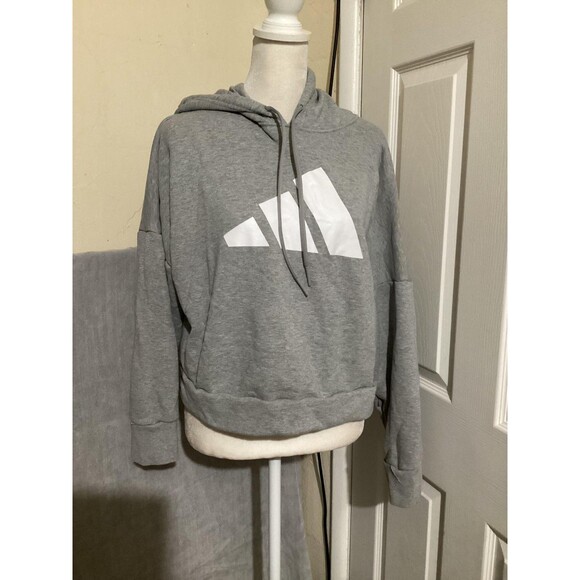 Adidas Hoodie Womens Medium Gray Primegreen Badge of Sport Logo Sweatshirt - Picture 1 of 6